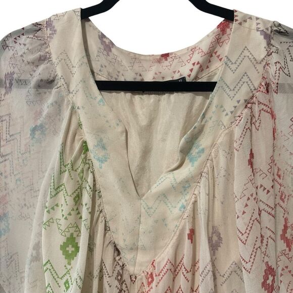 Gypsy 05 Silk Cream Tie-Dye Dolman Sleeve Aztec Boho Tunic Sheer Dress - Picture 3 of 6